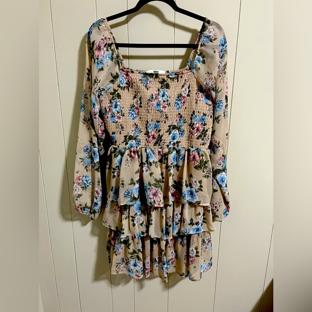 Madden NYC XL plus size 16 18 floral tiered smocked dress nude pink blue party